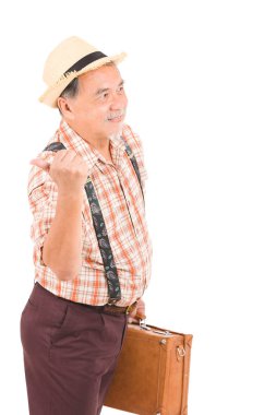 Beyaz arka plan üzerinde kırpma yolu izole Closeup kolu tutun bavul vintage kahverengi