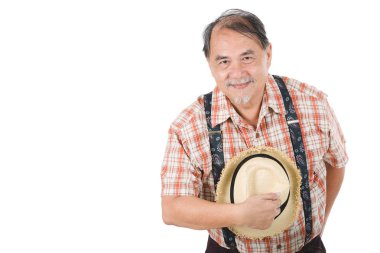 Portre Asya komuta sizde, izole beyaz arka plan ayakta gülümseyen