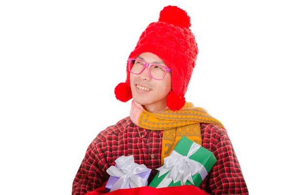 Young Man Showing Cheerful Gestures Happy Presents Christmas Eve His — Stock Photo, Image