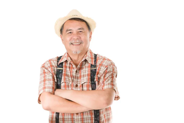 Retrato Asiático Senior Hombre Sonriendo Pie Aislado Blanco Fondo —  Fotos de Stock