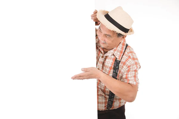 Uomo Anziano Che Indossa Una Camicia Quadri Facendo Gesto Con — Foto Stock