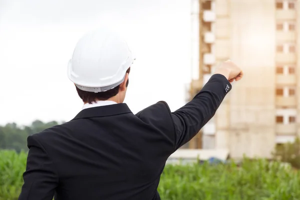 Pessoas Retrato Homens Engenharia Trabalho Local Construção — Fotografia de Stock