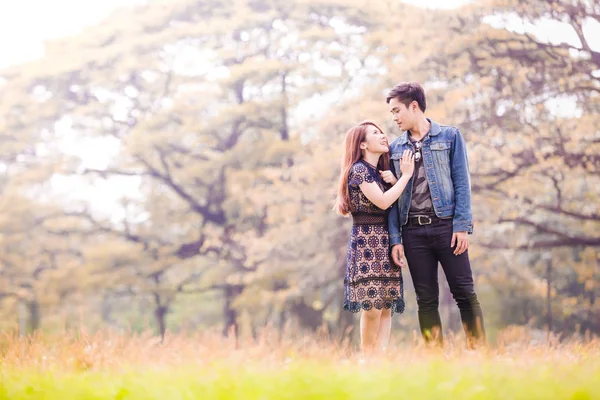 Asya çift aşık bir parkta doğanın büyük bir alanı altında.