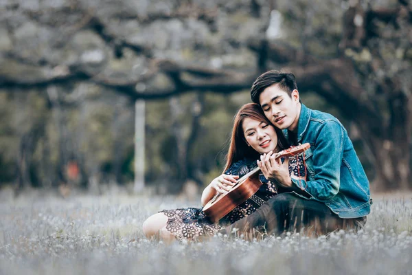 Asiatico Coppia Amore Giocare Acustico Ukulele Canzone Seduta Erba Parco — Foto Stock