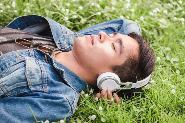 Kulaklık ile müzik dinlemek doğa üzerinde Asya Genç Erkekler yalan söyler