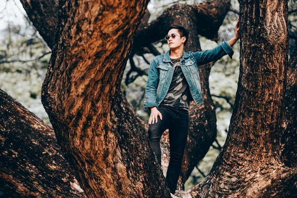 Ağaçta duran güneş gözlüğü ve kot gömlek giymiş portre Asya genç erkekler