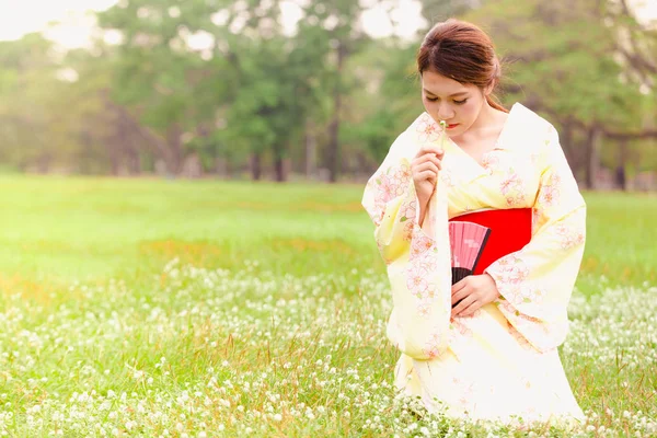 Азиатская Девушка Кимоно Зеленой Траве — стоковое фото