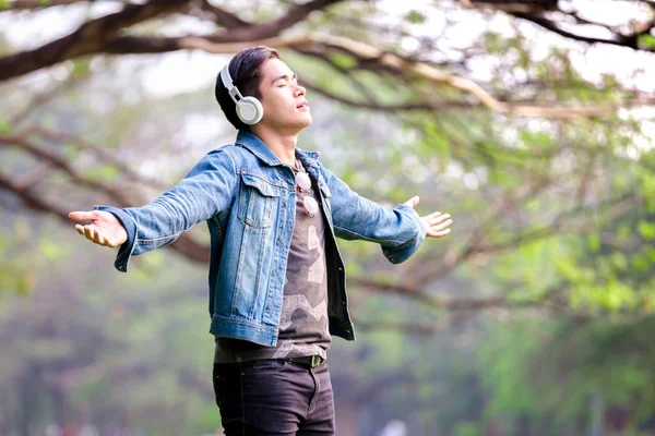 Asiático Jovens Homens Levantam Braços Natureza Ouvir Música Com Fones — Fotografia de Stock