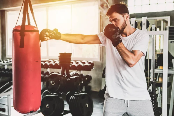 Πορτρέτο Σπορ Άνδρες Πίσω Γάντια Πυγμαχίας Εκπαίδευση Στο Γυμναστήριο — Φωτογραφία Αρχείου