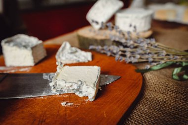 Bıçağın üzerinde bir parça Valencay peyniri. Peyniri mavi küfle kes, yakın plan. Fransız yumuşak peyniri keçi sütünden.