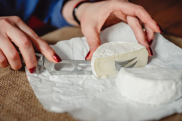 Camembert peyniri, beyaz küflü Fransız yumuşak peyniri el yapımı tekstil masa örtüsünün arka planındaki bir kadının elinde, yakın plan. Peynir dilimlemek için bıçak