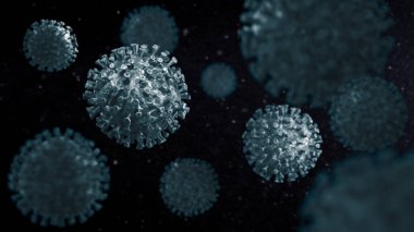 Mikroskop virüsü yaklaşıyor. 3D görüntüleme. Corona virüsü 2019-ncov gribi enfeksiyonu 3D tıbbi illüstrasyon. Sıvı mikroskobik görüş, salgın veya virüs enfeksiyonu kavramında yüzen grip veya HIV koronası virüsü.