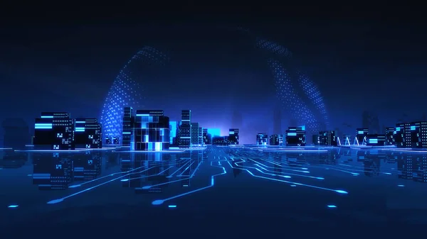 Cityscape futuristic 3d city neon light with power energy ball background.