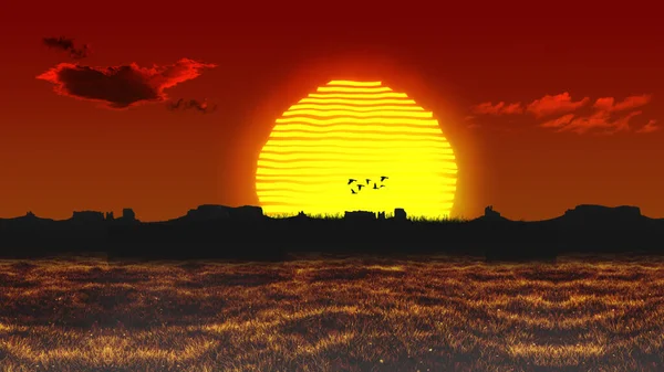 Landscape Scene of The sun is rising over the Red Sky by the Hills and Fields. A flock of Birds Flying Pass the Sun in the Red Sky.