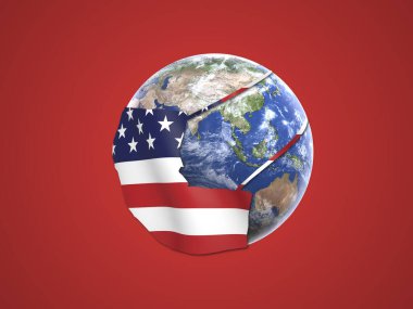 Dünya, arka planda kırpma yolu ile izole edilmiş Amerika Bayrağı desenli bir maske koruması takıyor. Yüzü maskeli Dünya gezegeni Corona virüsüyle savaşmak için korunuyor. 3B Görüntü.