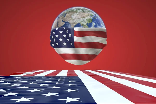 The earth wear a mask protection with pattern America Flag Isolated on Background with Clipping Path. Planet Earth with face mask protect to fight against Corona virus. 3D Illustration.