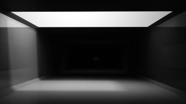 Karanlık gri tünel arkaplanındaki soyut ışık kutusu. Çatıda ışık parıltısı olan 3 boyutlu boş bir oda oluştur. Kopyalama alanı olan kimse.