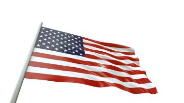 Rüzgarda dalgalanan Amerikan bayrağı. ABD bayrağı havada güzel bir şekilde dalgalanıyor. Amerikan bayrağı seçim için dalgalanıyordu. Amerikan Bayrağı kesme yolu ile beyaz arka planda izole edildi. 3D Görüntü 8K