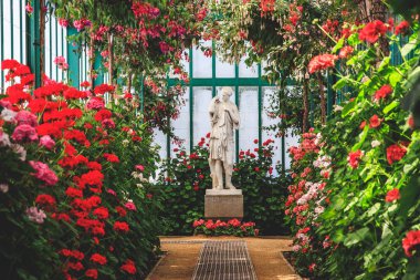 Renkli çiçek açan orangery içinde güzel kadın heykeli. Laeken Belçika Kraliyet seralar.