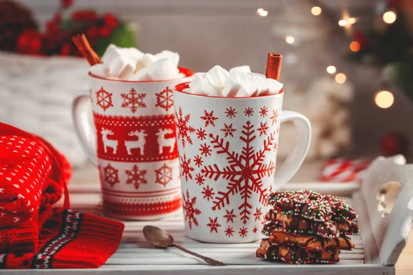 Two Mugs Hot Drink Marshmallows Top Christmas Colorful Still Life — Stock Photo, Image