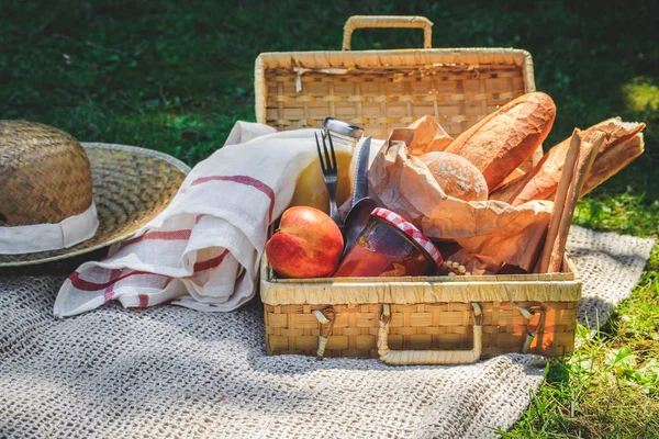 Cesta de picnic llena de fruta, pan y tarro con mermelada de albaricoque sobre cuadros beige . — Foto de Stock