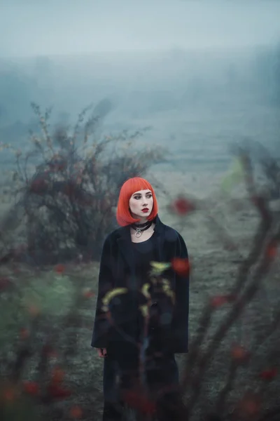 Kırmızı Kısa Saçlı Siyah Elbiseli Dramatik Sisli Sonbahar Tarlasında Moda — Stok fotoğraf