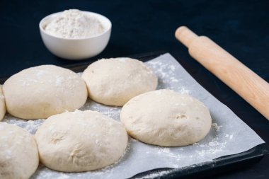  Buğday unu, birkaç çeşit peynir, süt, yumurta turta, pizza ve pişirme için rende hazırlığı. Adjaruli Khachapuri pişirme işlemi. Adjarian Khachapuri Tarifi - Gürcistan peynirli ekmek.