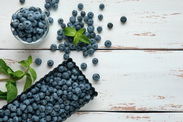 Glass Jar Ripe Blueberry Mint Leaves White Provence Style Wooden — Stock Photo, Image