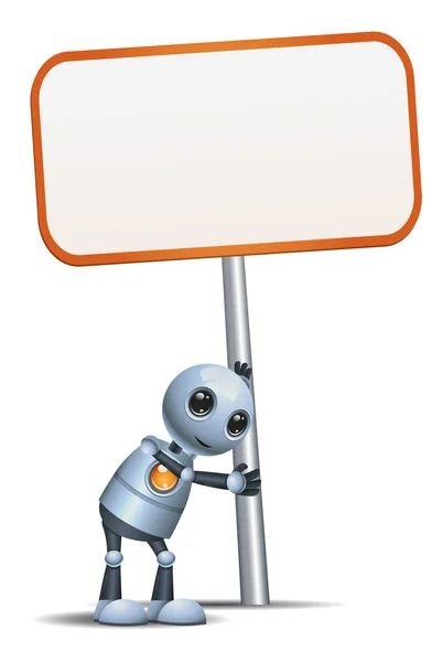 幸せなドロイドのイラスト小さな小さなロボットのホールド分離の白い背景の上に署名します — ストック写真
