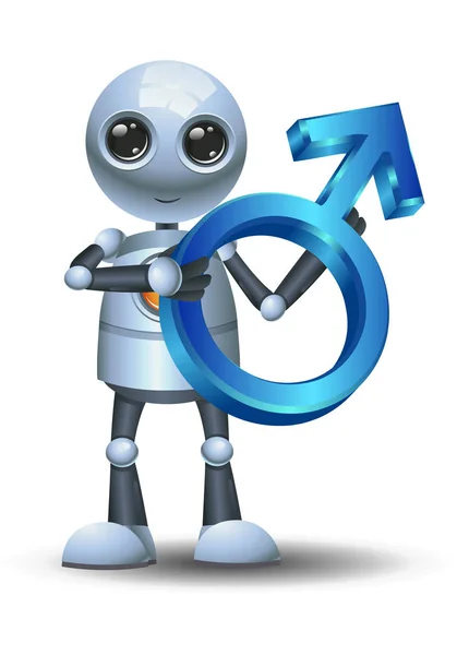 Ilustração Pequeno Robô Droide Feliz Segurar Símbolo Masculino Fundo Branco — Fotografia de Stock