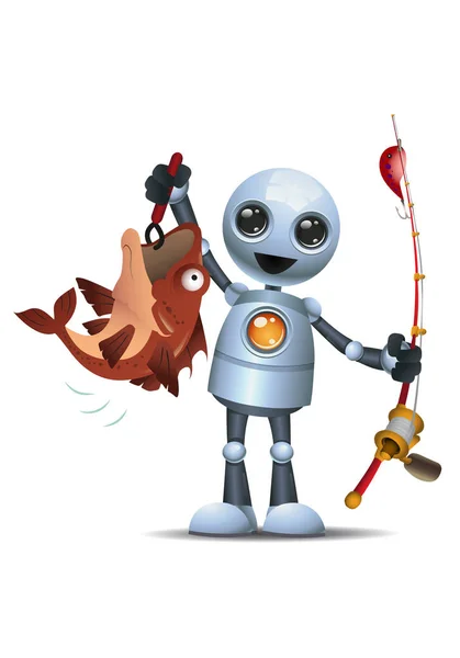 Illustration Glad Droid Lilla Roboten Hålla Stora Fisk Efter Fisket — Stockfoto