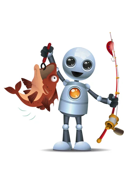 illüstrasyon mutlu bir droid küçük robot balıkçılık izole beyaz zemin üzerine sonra büyük balık tutun