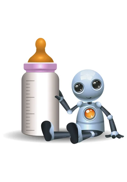 Illustration Happy Droid Little Robot Hold Baby Bottle Isolated White — Stock Photo, Image