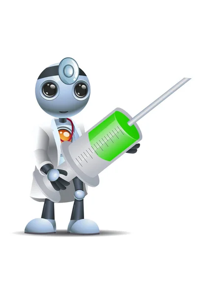 Illustration Happy Droid Little Robot Hold Giant Syringe Isolated White — Stock Photo, Image