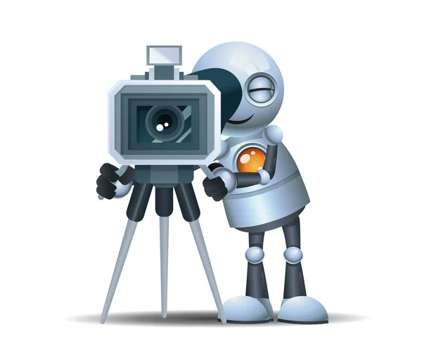 illustration of a happy droid little robot hold movie cam corder to make film on isolated white background