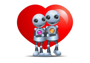 mutlu bir droid resmi küçük robot üzerinde aşk şeklinde sarılma izole beyaz arka plan