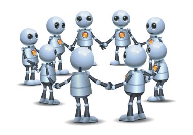 mutlu bir droid resmi daire grubunda yapma elini tutarak küçük robot izole beyaz arka plan