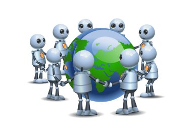 illustration of a happy droid little robot holding hand arround the globe on isolated white background clipart