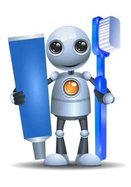 illustration of a happy droid little robot hold tooth brush and paste on isolated white background clipart
