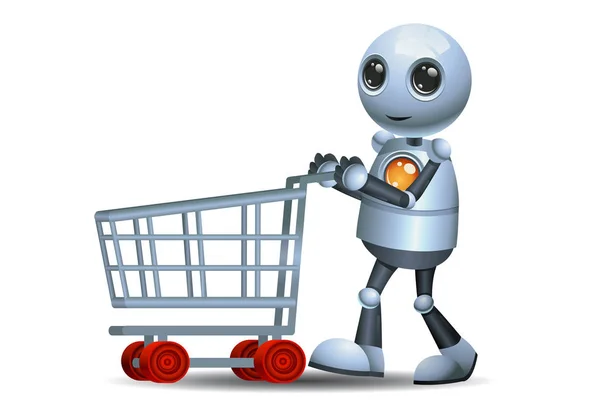 Ilustración Pequeño Robot Androide Feliz Empuje Carrito Compras Sobre Fondo —  Fotos de Stock