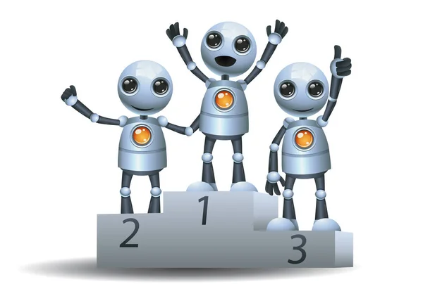 Ilustración Pequeño Robot Androide Feliz Parte Superior Del Podio Ganador — Foto de Stock