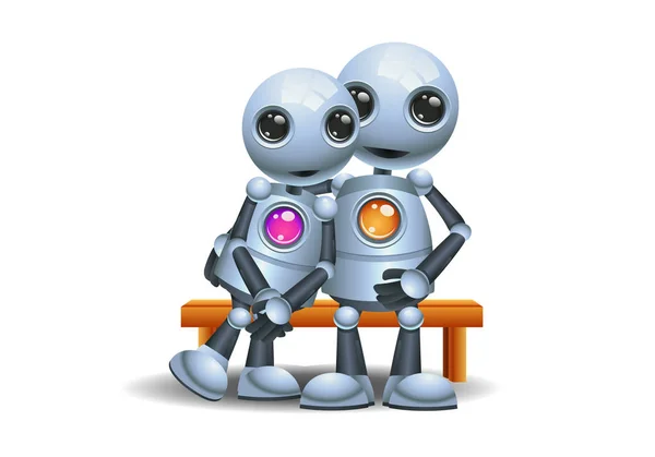 mutlu bir droid resmi küçük robot üzerinde bankta oturup sarılma izole beyaz arka plan