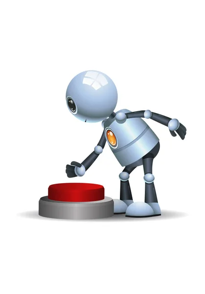 Bir Mutlu Küçük Robot Kırmızı Düğme Izole Beyaz Arka Plan — Stok fotoğraf