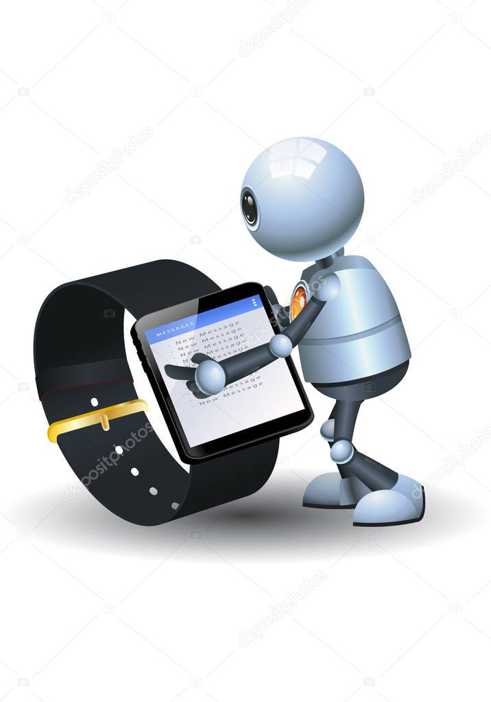 illustration of a happy little robot using new  technology smart watch on isolated white background