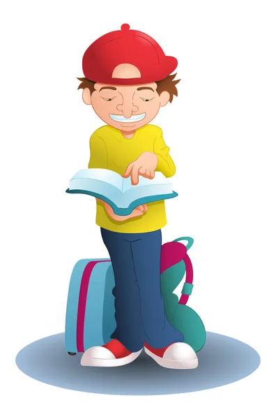 boy reading guiding book for traveling on isolated white