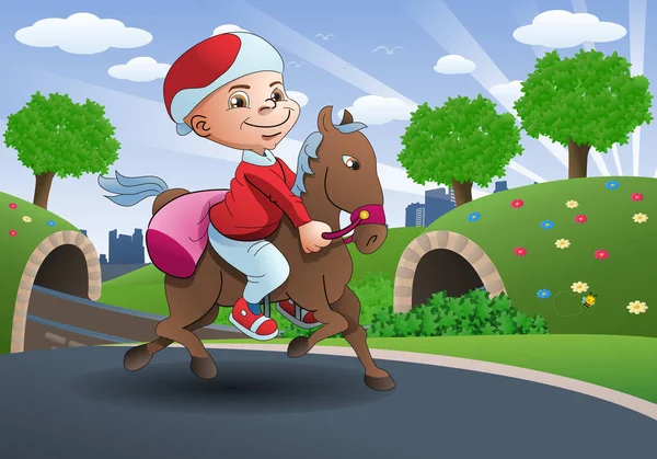 Ilustrasi seorang anak menunggang kuda untuk bepergian — Stok Foto