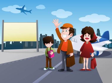 izole beyaz arka plan üzerinde bir seyahat çantası taşırken aile bir uçağa binecek