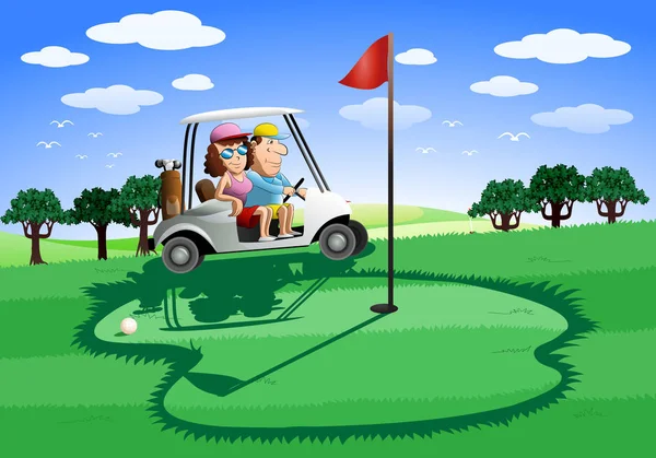 Illustration eines Paares, das im Urlaub Golf-Cart fährt — Stockfoto