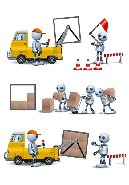 3D illusztráció a kis robot praktikus robot ember dolgozik emelés és tárolás — Stock Fotó