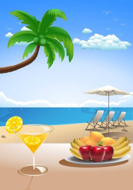Plaj arka planında bir yaz tatili palmiyesi çizimi